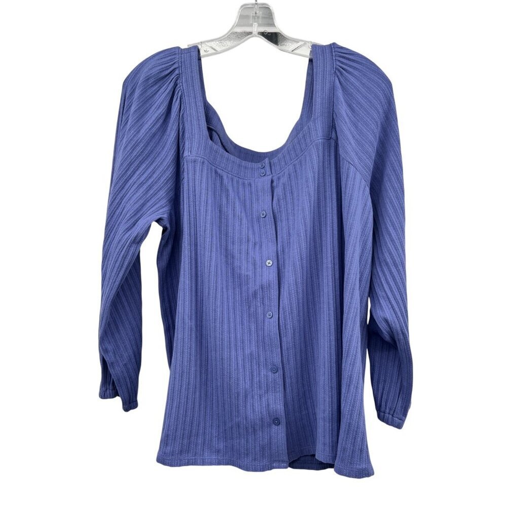 Loft Womens Square Neck Blouse Long Sleeve Ribbed Purple Size XL Buttons